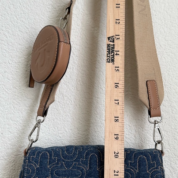 TRUE RELIGION Denim Quilted Horseshoe Wide Strap Coin Purse Flap Crossbody Bag - Picture 11 of 16